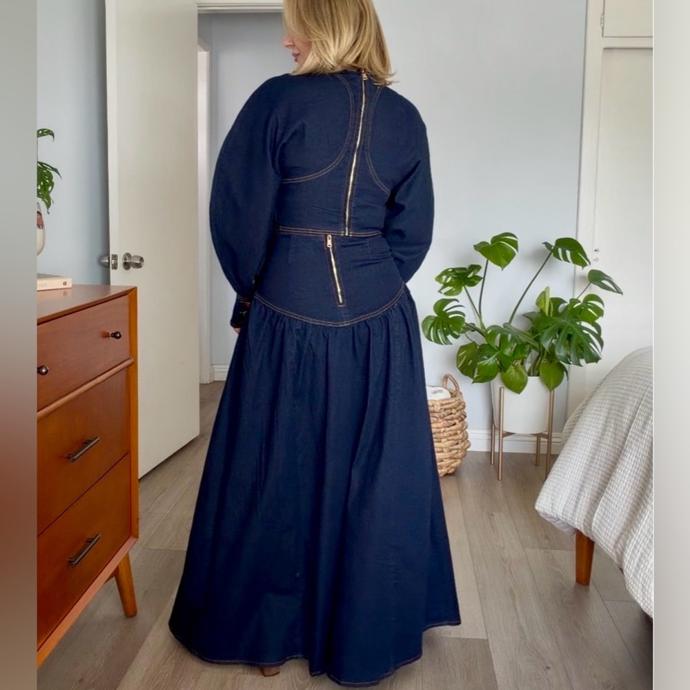 663. Denim Two-Piece Skirt Set with Gold Accents - Picture 6 of 9